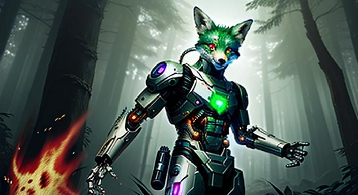 Biopunk Cyborg Fox in Tech Forest