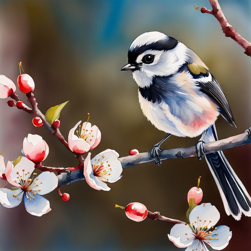 Long-Tailed Tit on Cherry Branch in Watercolor