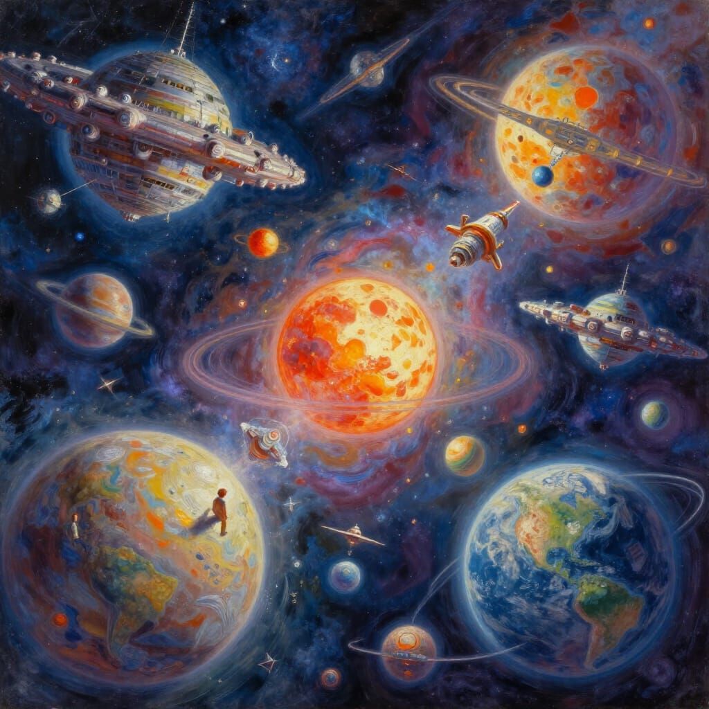 Human Solar System in Impressionistic Oil Painting Style
