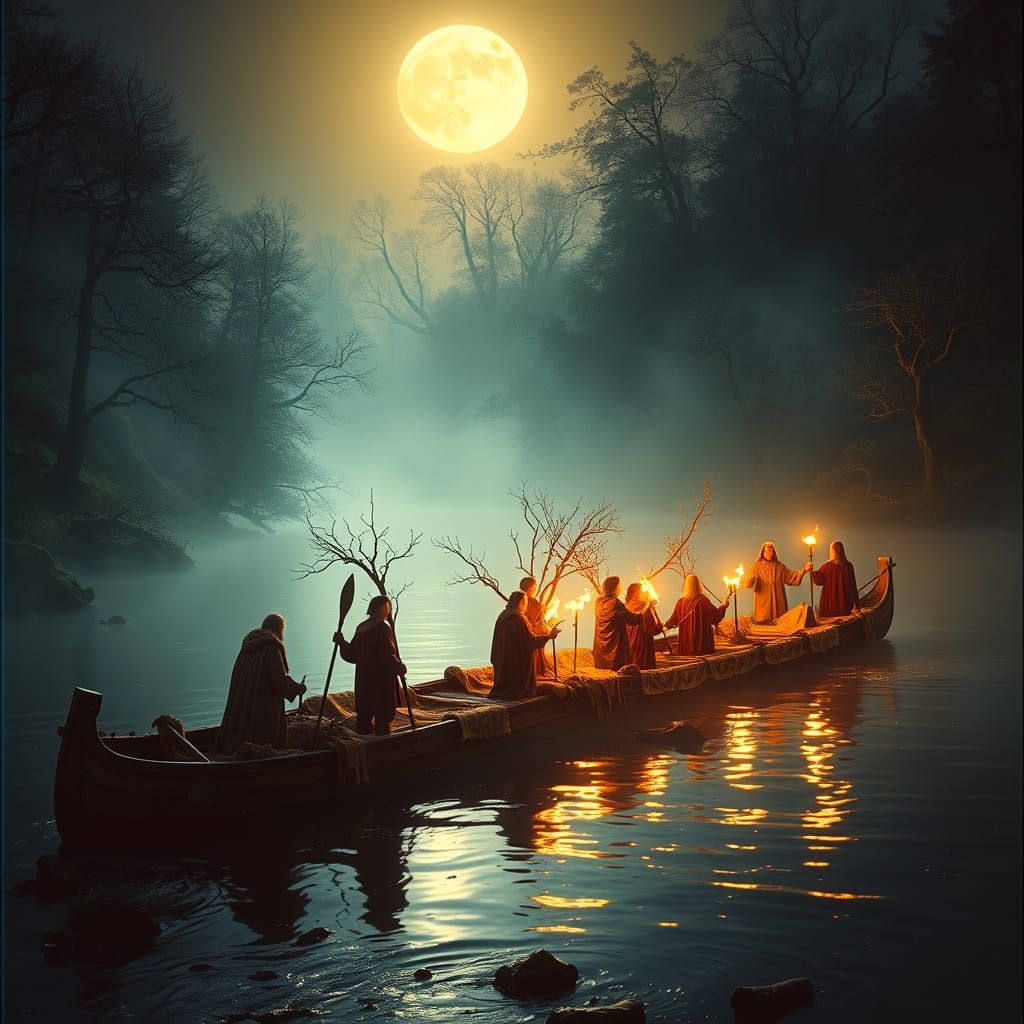 Celtic River Ritual: Druids Ferry Oak Branches by Torchlight