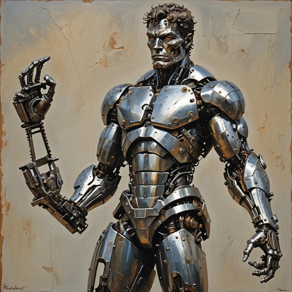 Metal Statue of Flexing Man in Oil Painting Style