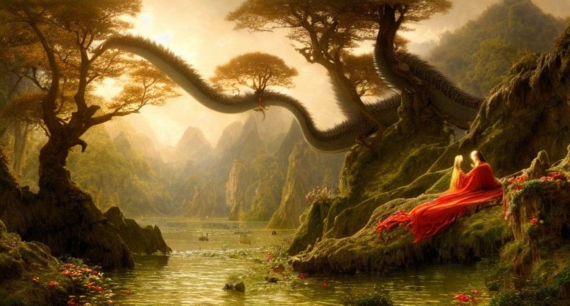 Golden Dragon Couple in Romantic Landscape