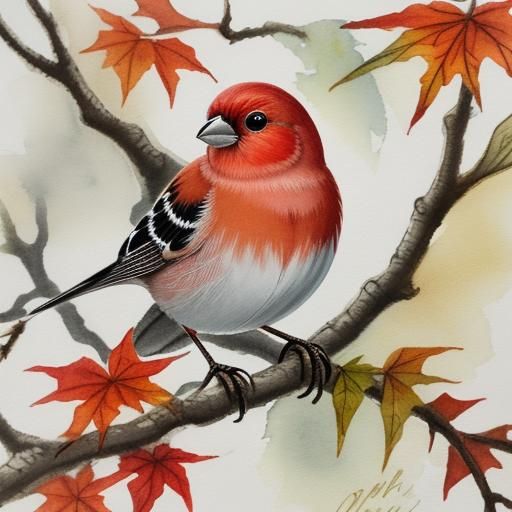 Baby Plum Finch in Autumn Forest, Gouache Painting