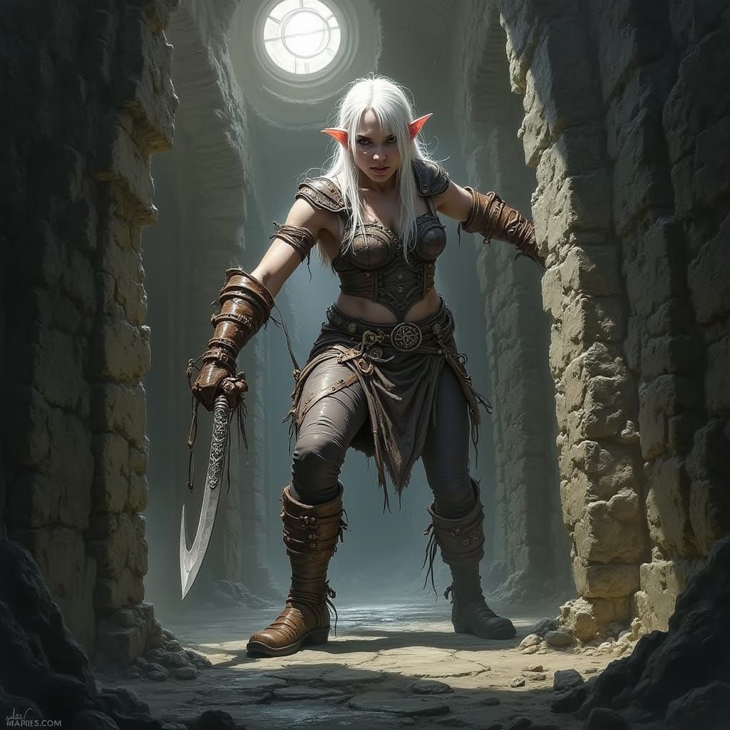 Albino Elf Warrior in Lost Corridor with Ornate Knife