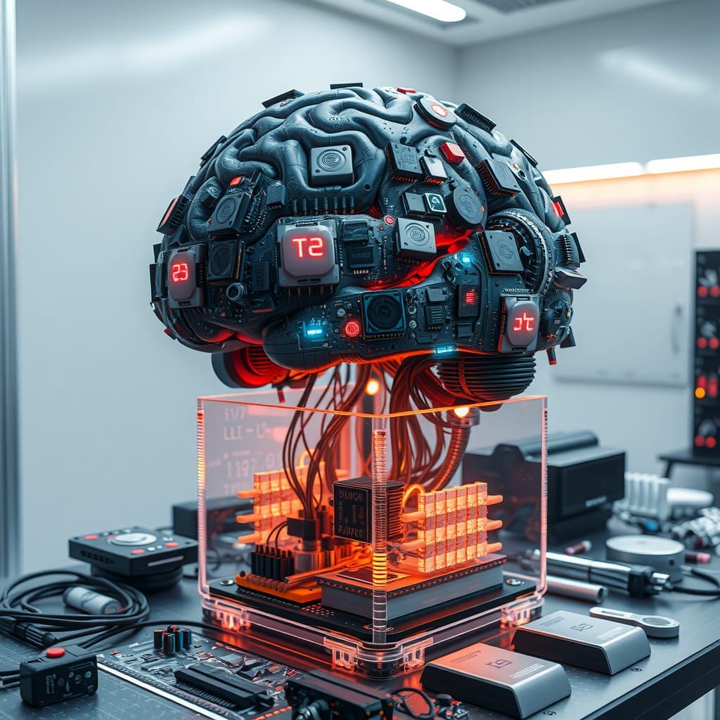 A human brain with lots of small square intricately detailed...