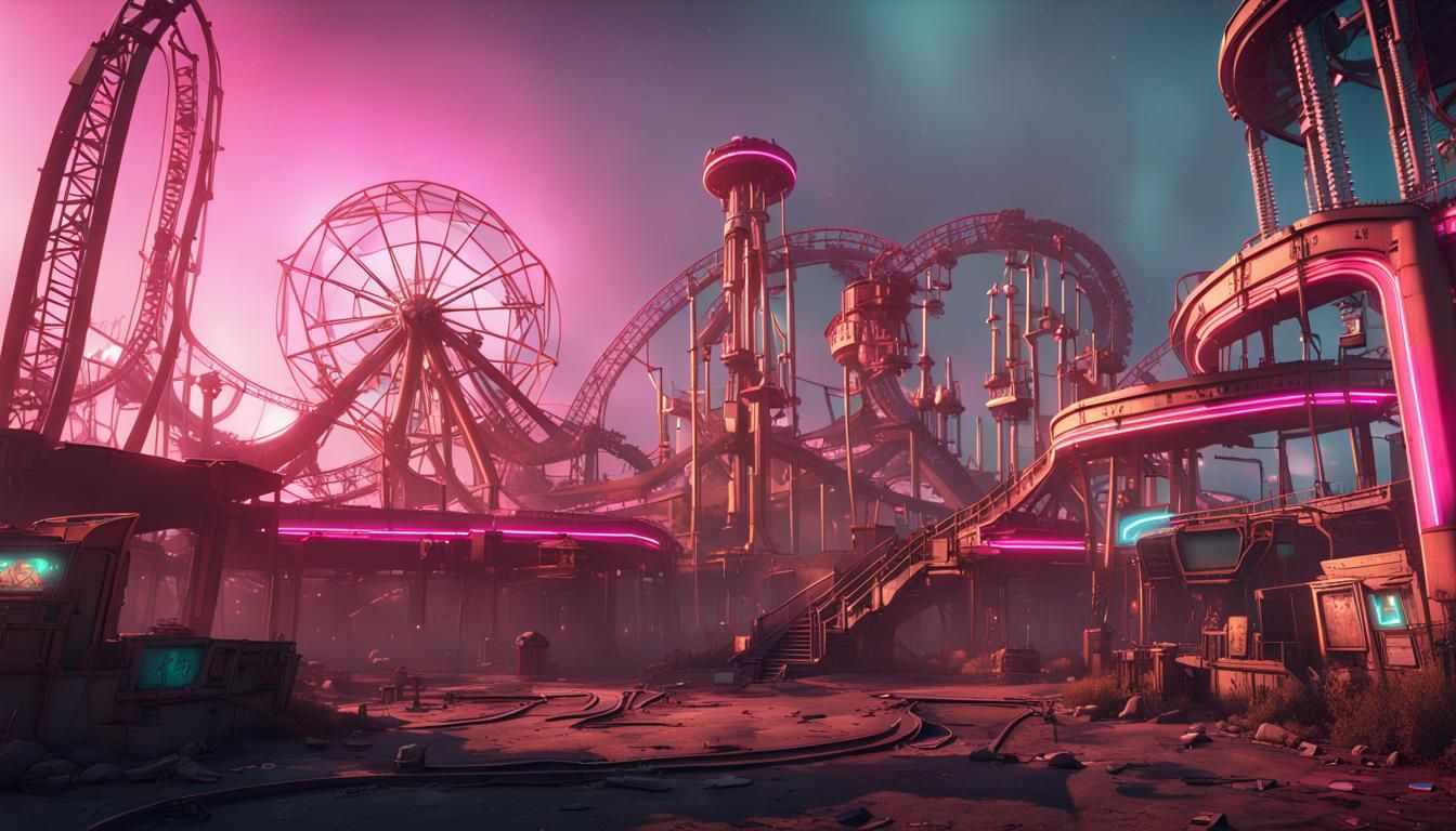 Steampunk Amusement Park in Cyberpunk Future