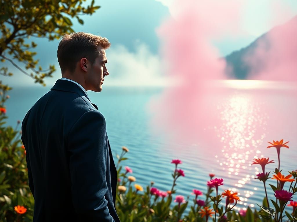 Elegant Man Contemplates Serene Lake Landscape