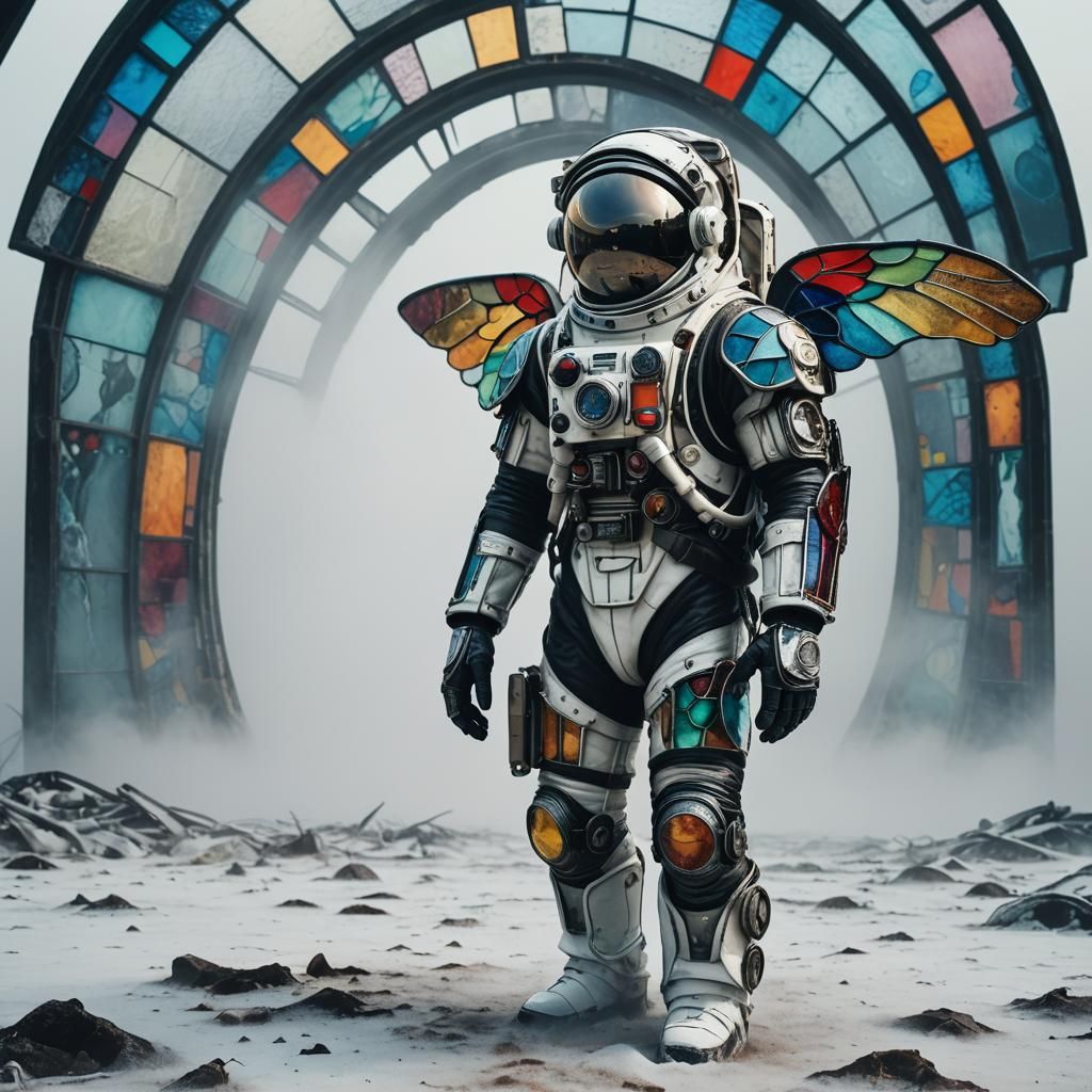 Biomechanical Astronaut with Stained Glass Wings