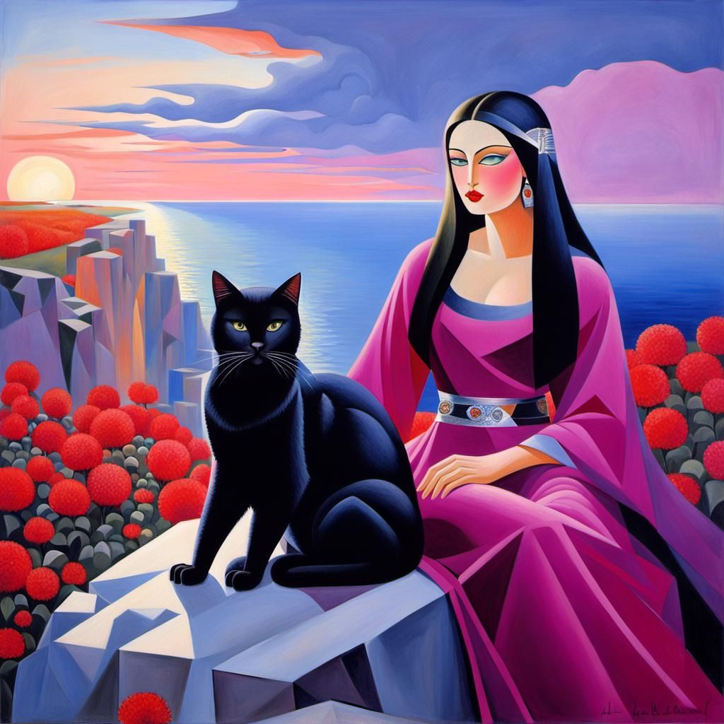 Brunhilde with Black Cat at Sunrise, in Cubist Style