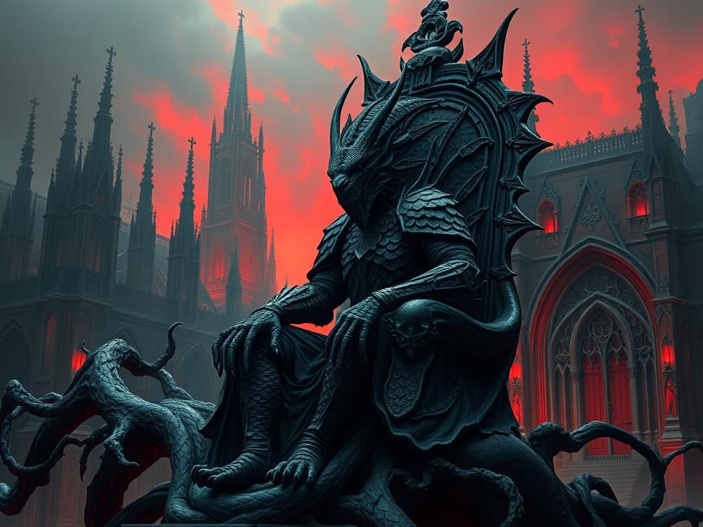 Draconian Warrior in Gothic Cityscape, Mystical Surrealism