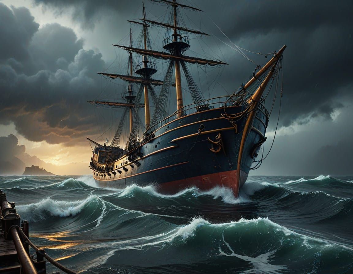 Ship in Harbor During Summer Storm: Digital Art