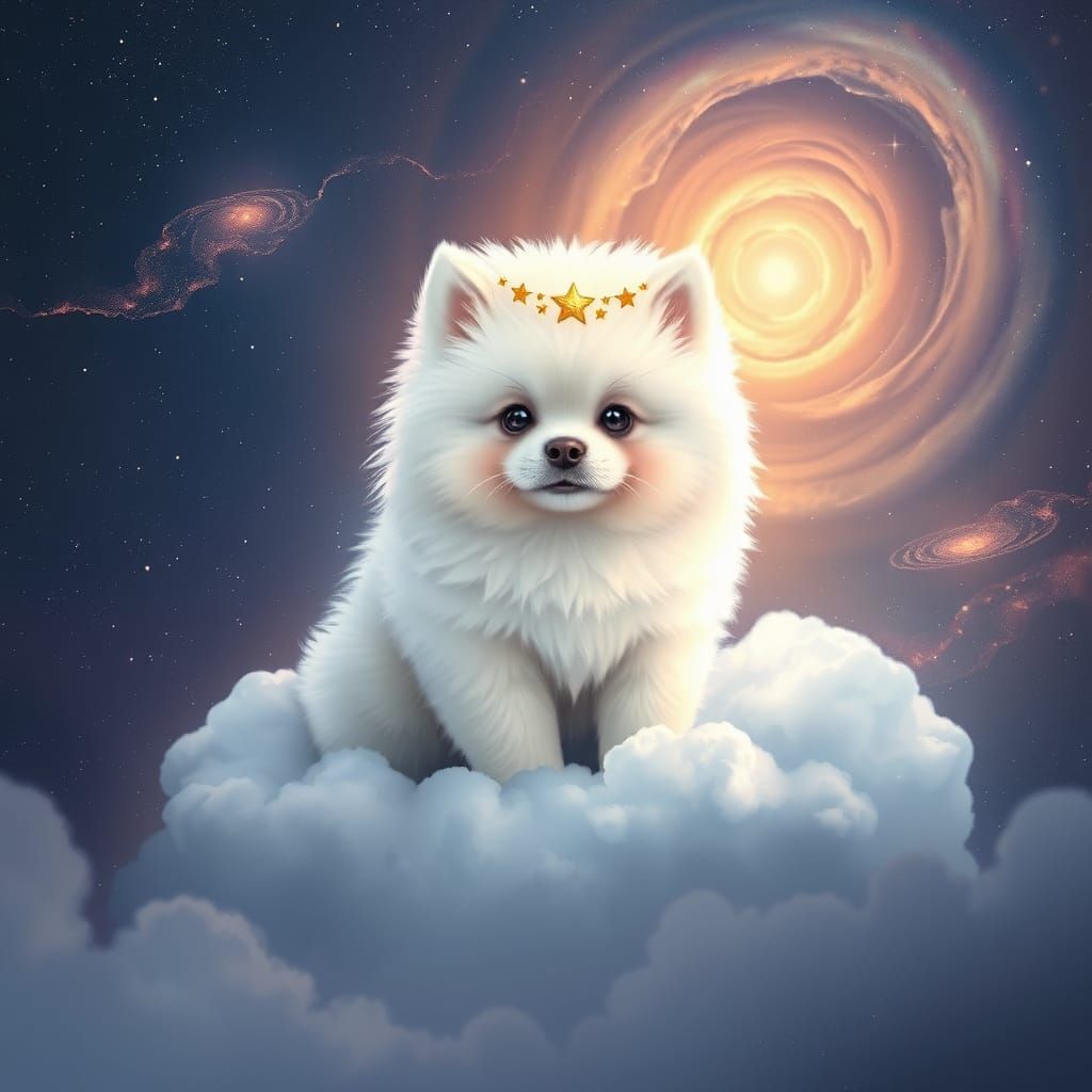 Samoyed Puppy Crowned by Starlight in Dreamy Digital Art