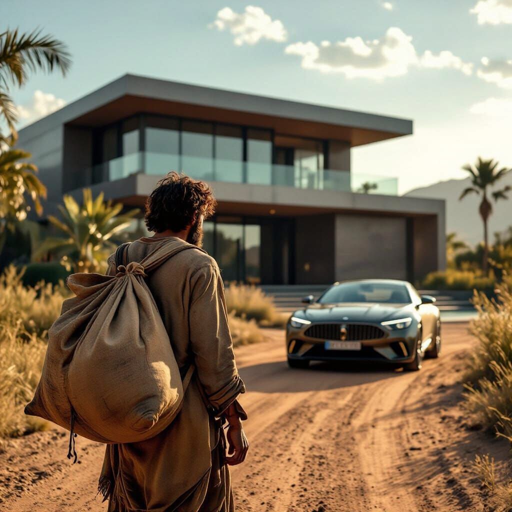 Contrasting Worlds: A Weary Man and Modern Mansion