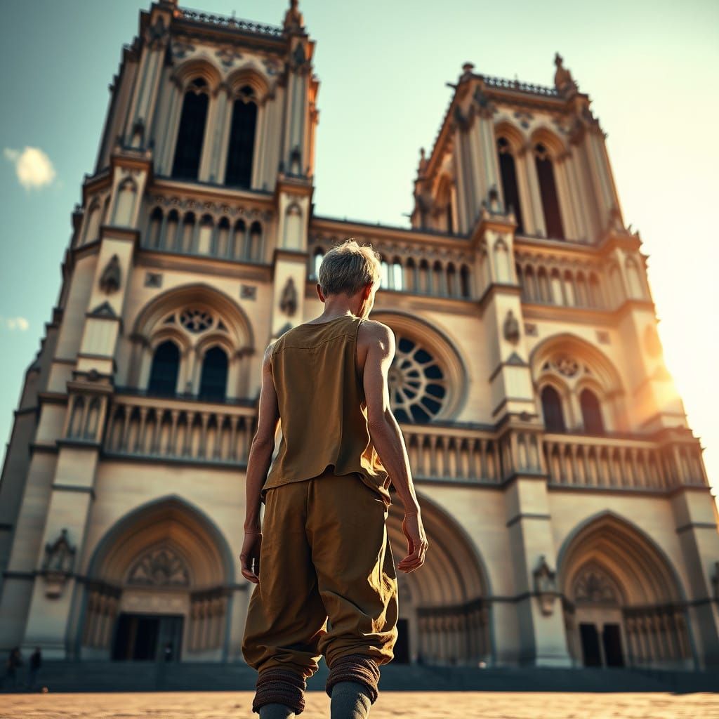 Gothic Notre Dame Cathedral on a Sunny Day with Quasimodo in...