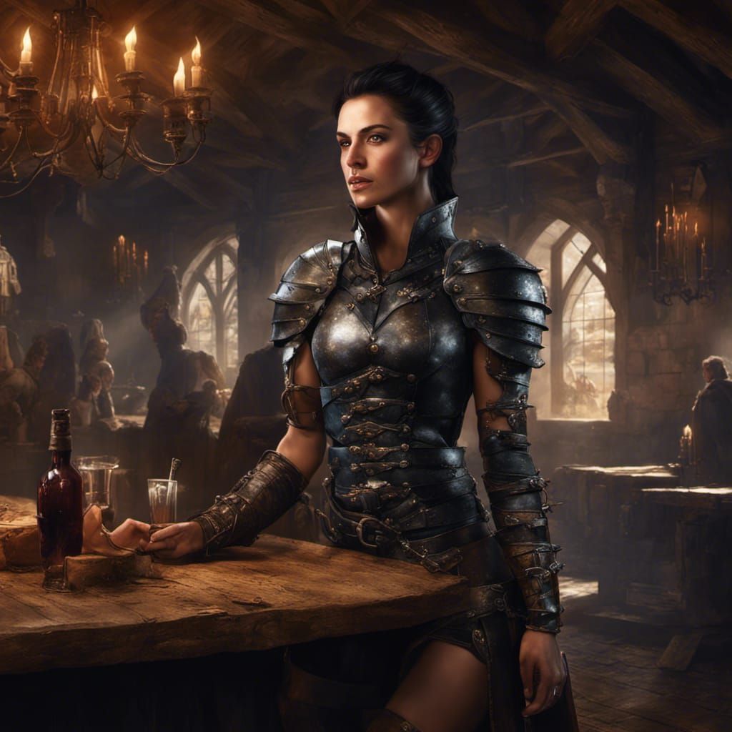 Medieval Tavern: Muscular Woman in Studded Leather Armor
