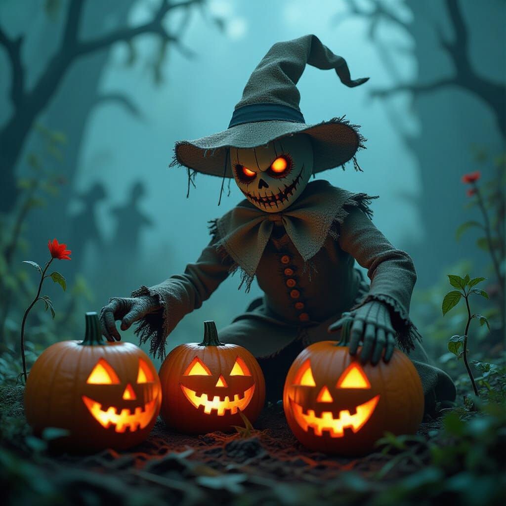 Scarecrow Guards Baby Zombies in Gothic Pumpkin Patch