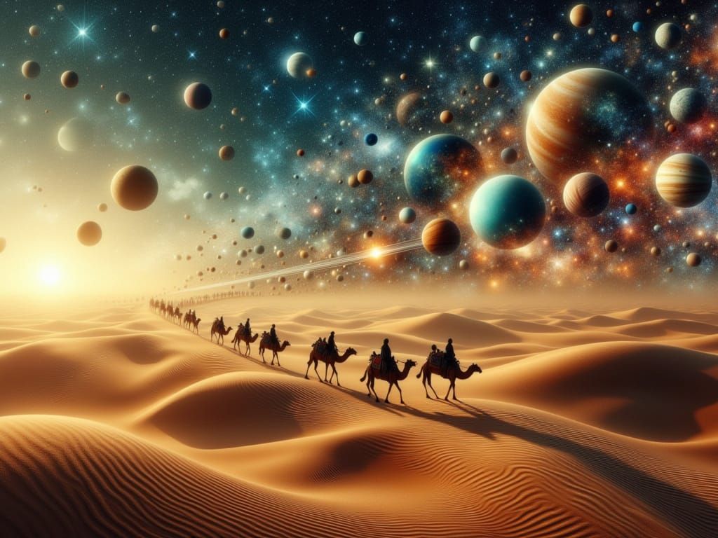 Cosmic Desert Odyssey in Ethereal Surrealism