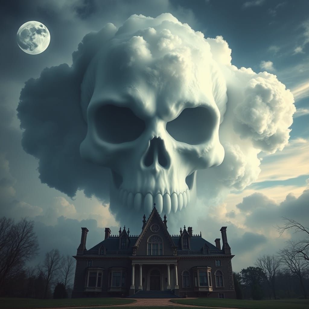Gothic Ghost Skull Descends Upon a Spooky Mansion