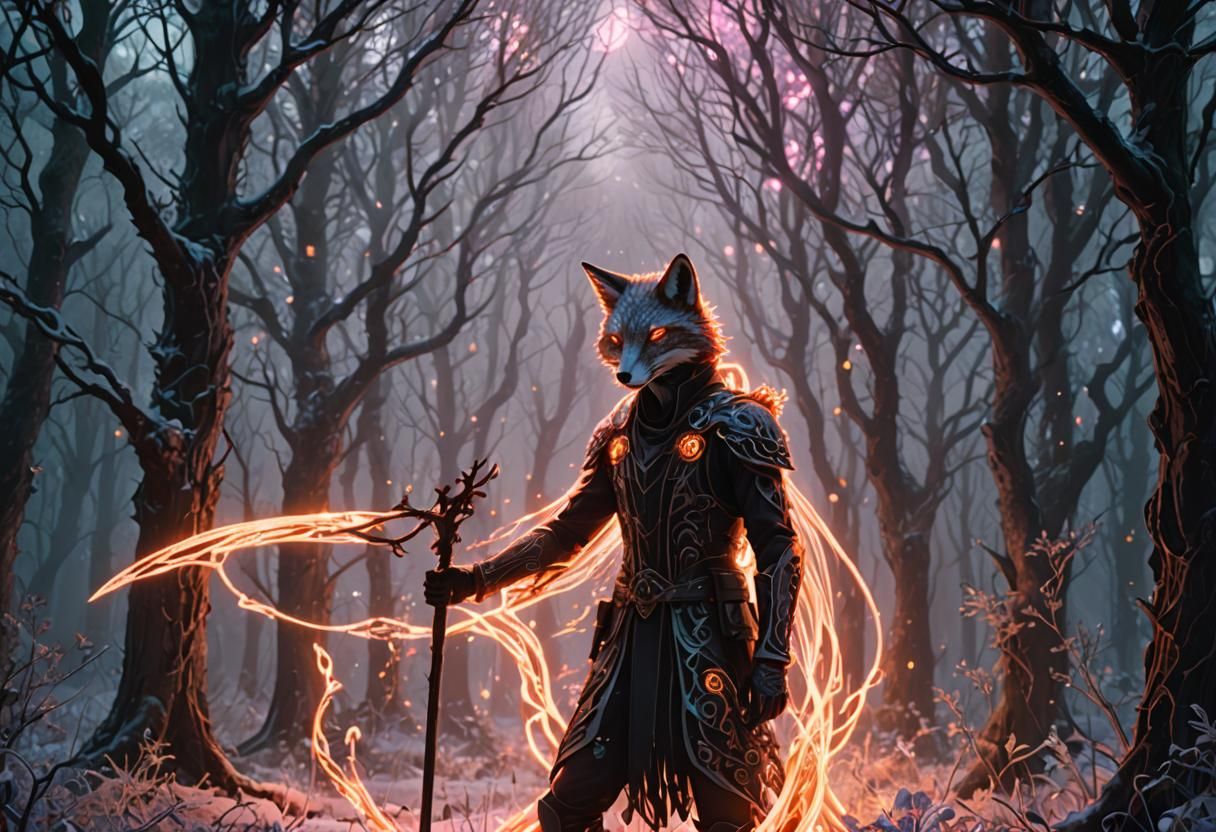 Fox Reaper in Eerie Forest: 3D Anime Art