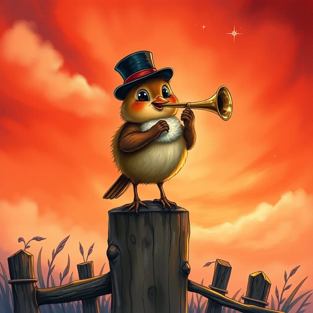 Bird Playing Bugle in Whimsical Illustration Style