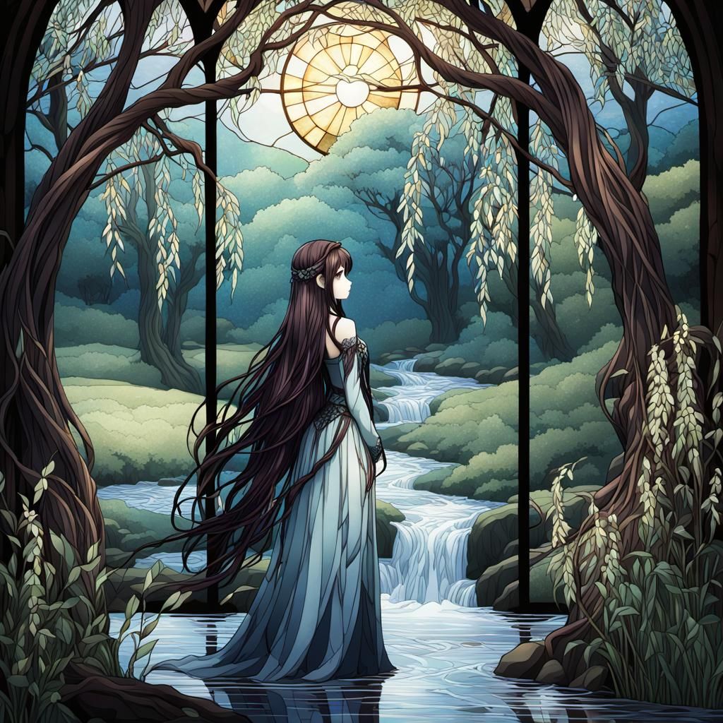 Gothic Stained Glass Centaur Beside Willow Tree