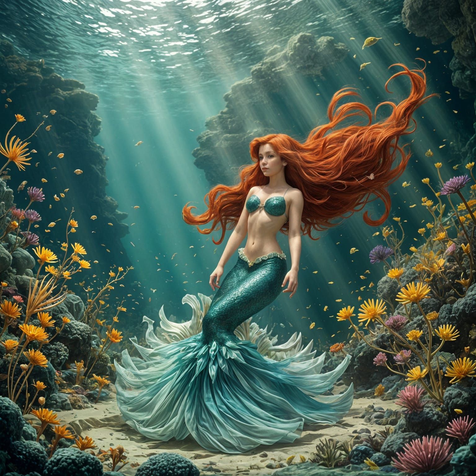Regal Mermaid in Underwater Palace with Volumetric Lighting