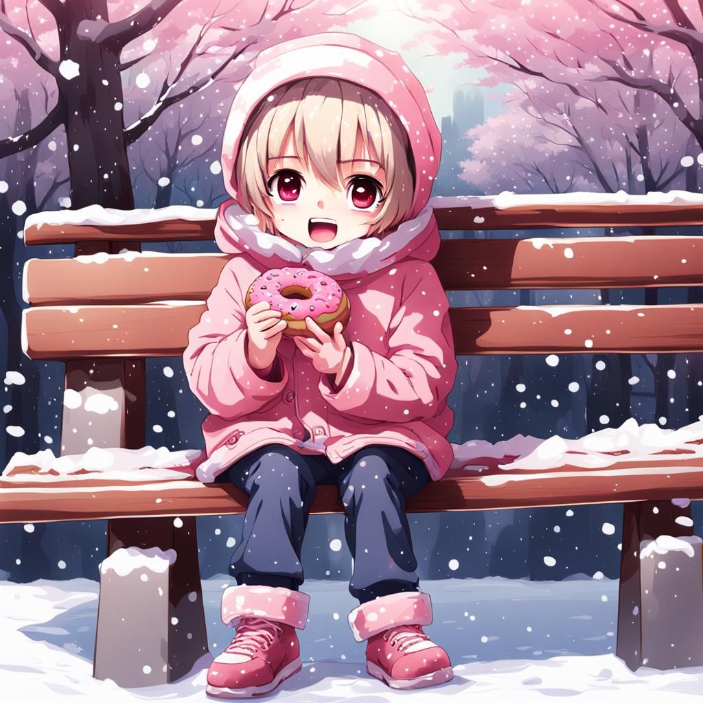 Chibi Child eating a pink rasberry glazed doughnut a snowy day