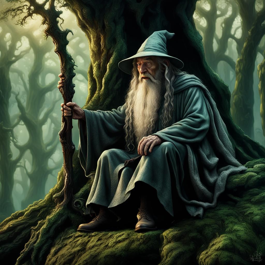 Gandalf the Grey Sitting on a Rock in the Forest