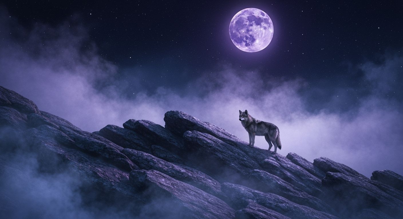 Lone Wolf on Moonlit Ridge in Violet Hues