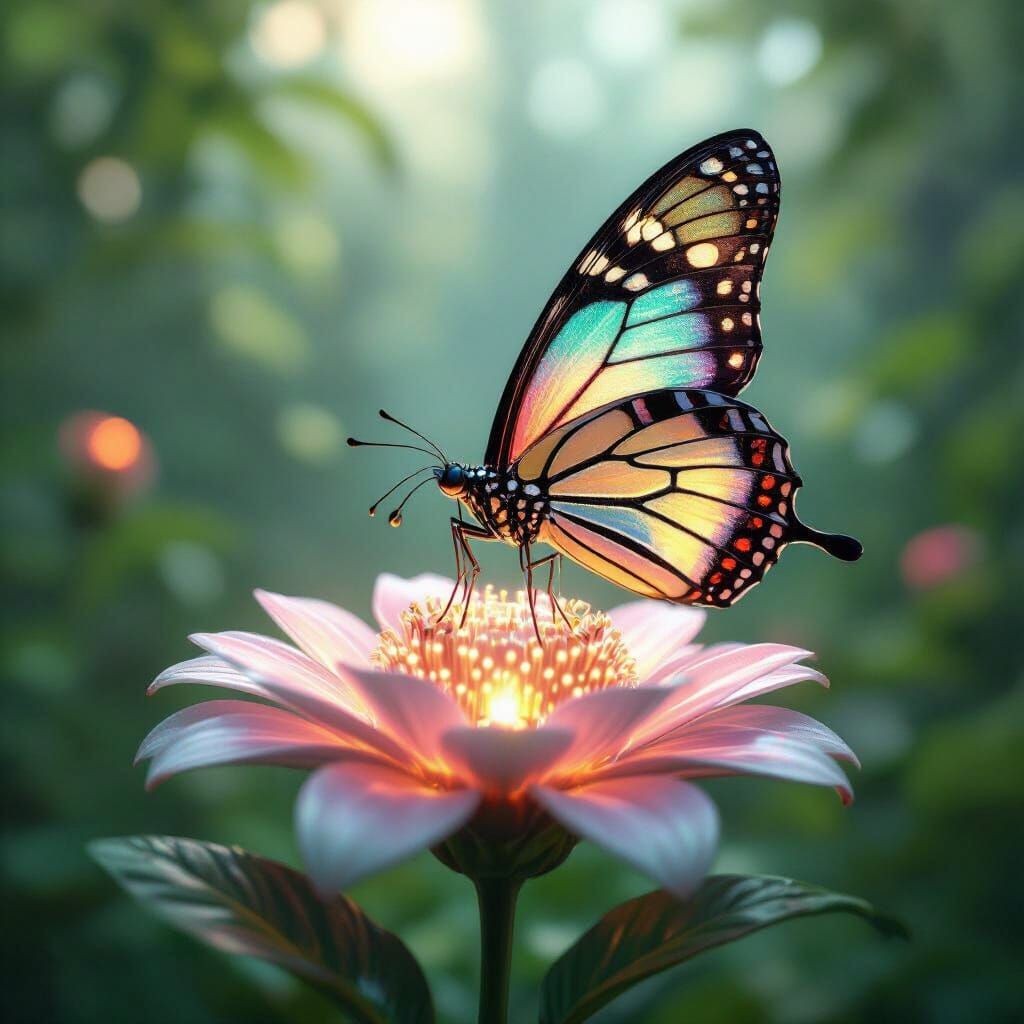 Mechanical Butterfly on Cybernetic Flower in Biodome