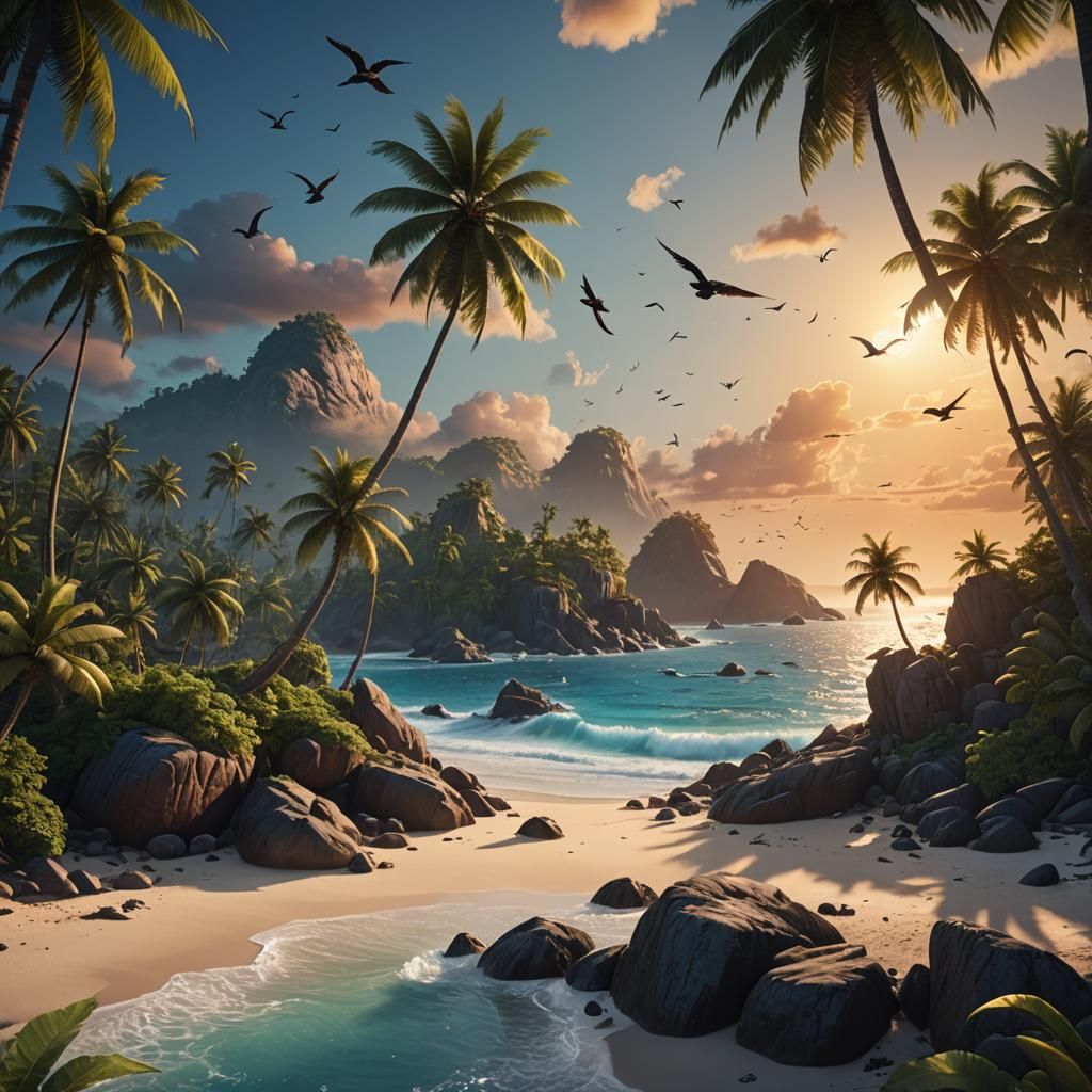 Tropical Beach Sunset with Birds: Digital Art