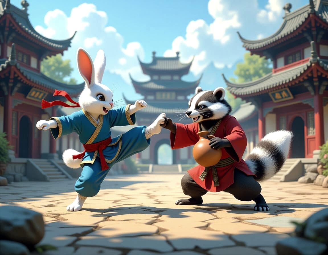 Kung-Fu Rabbit Battles Drunken Badger in Training
