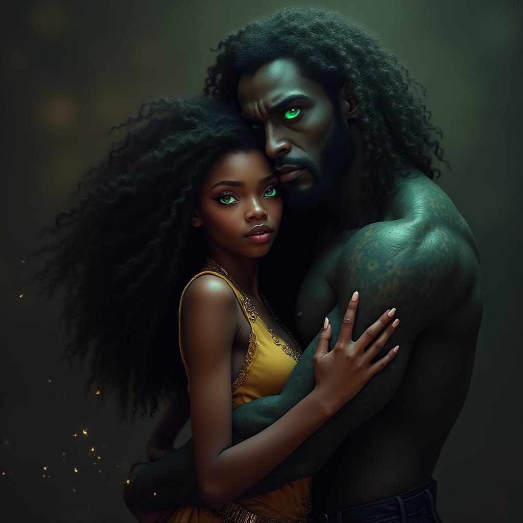 African American Magical Girl in Vampire's Arms, in a Moody ...