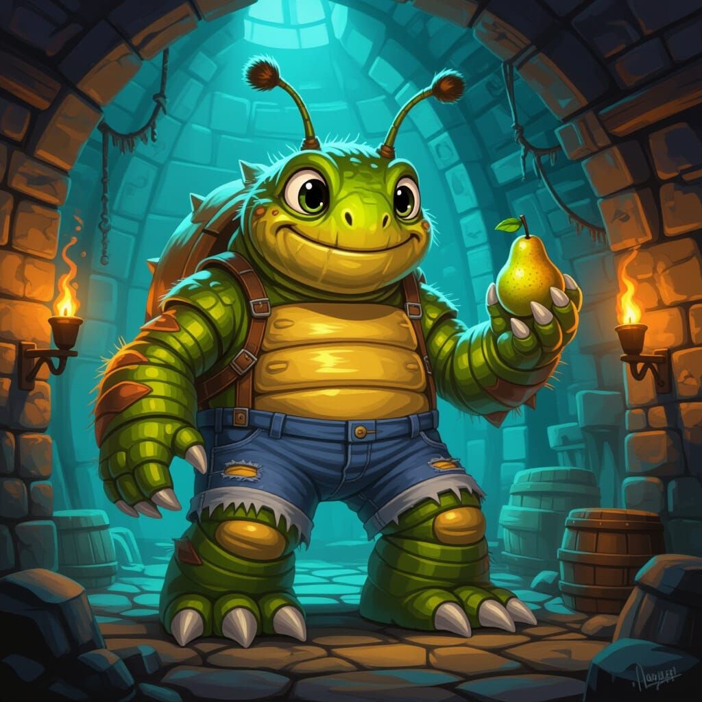 Giant Hairy Caterpillar Holds Pear in Torchlit Dungeon