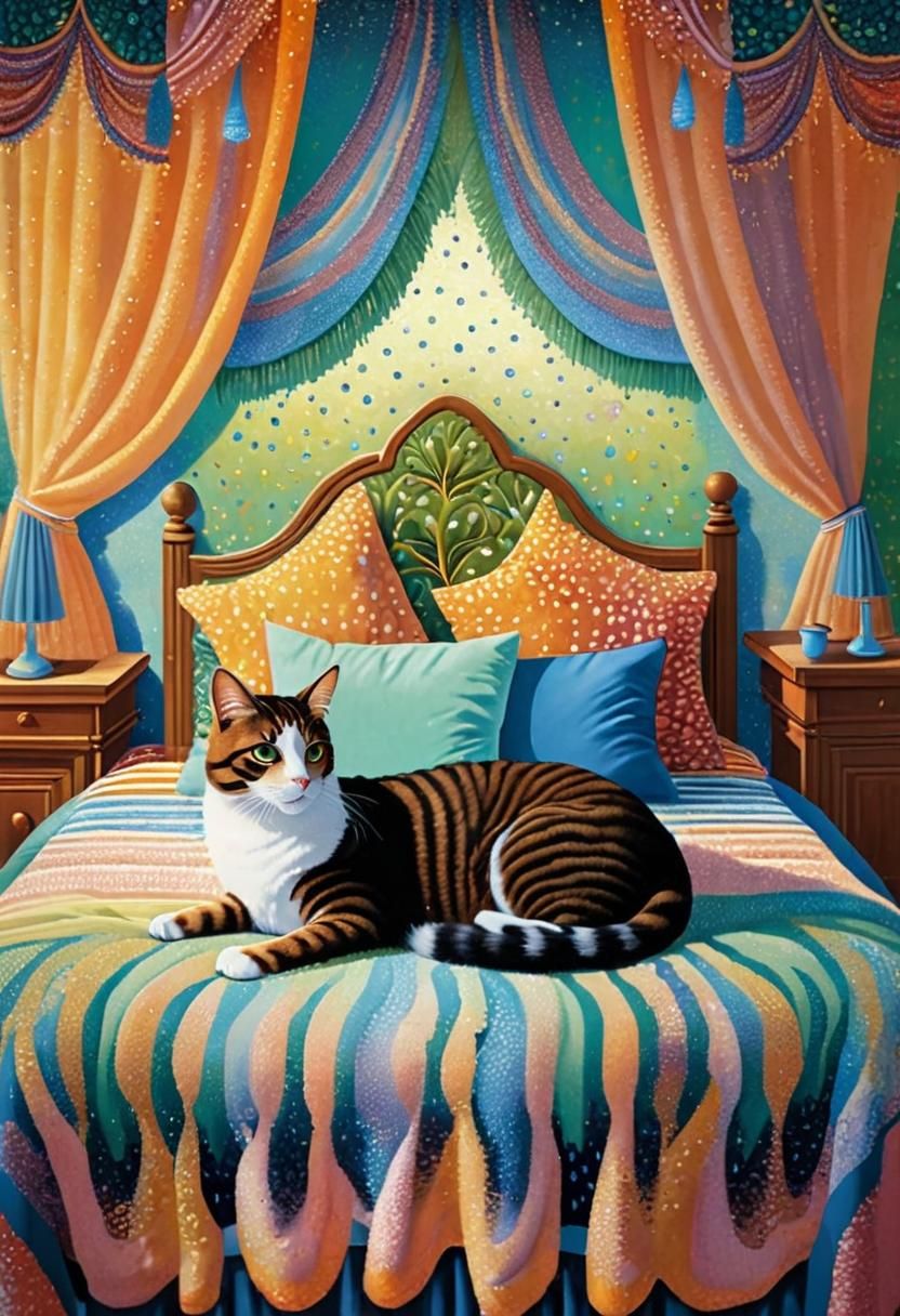 Pointillism style image depicting a cat on bed