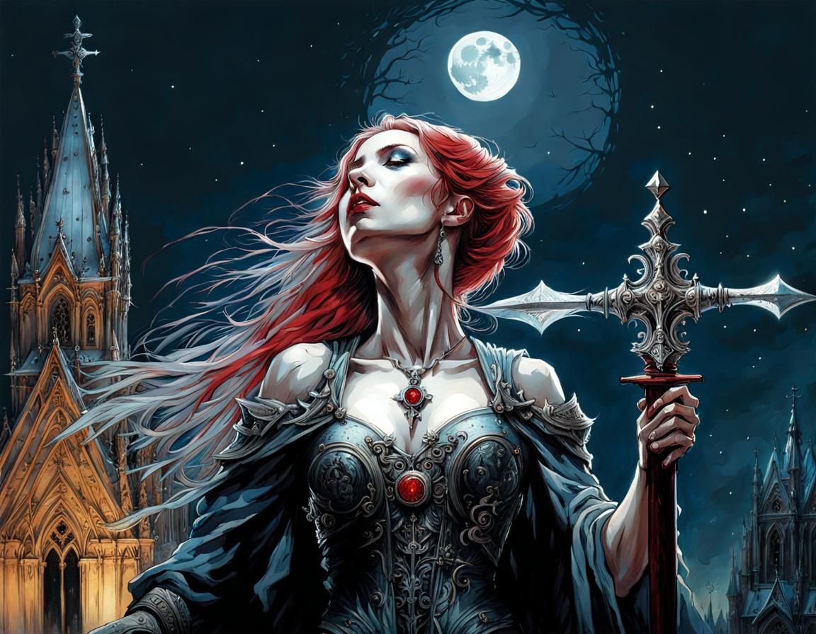 Vampire Hunter on Gothic Church in Dramatic Moonlight
