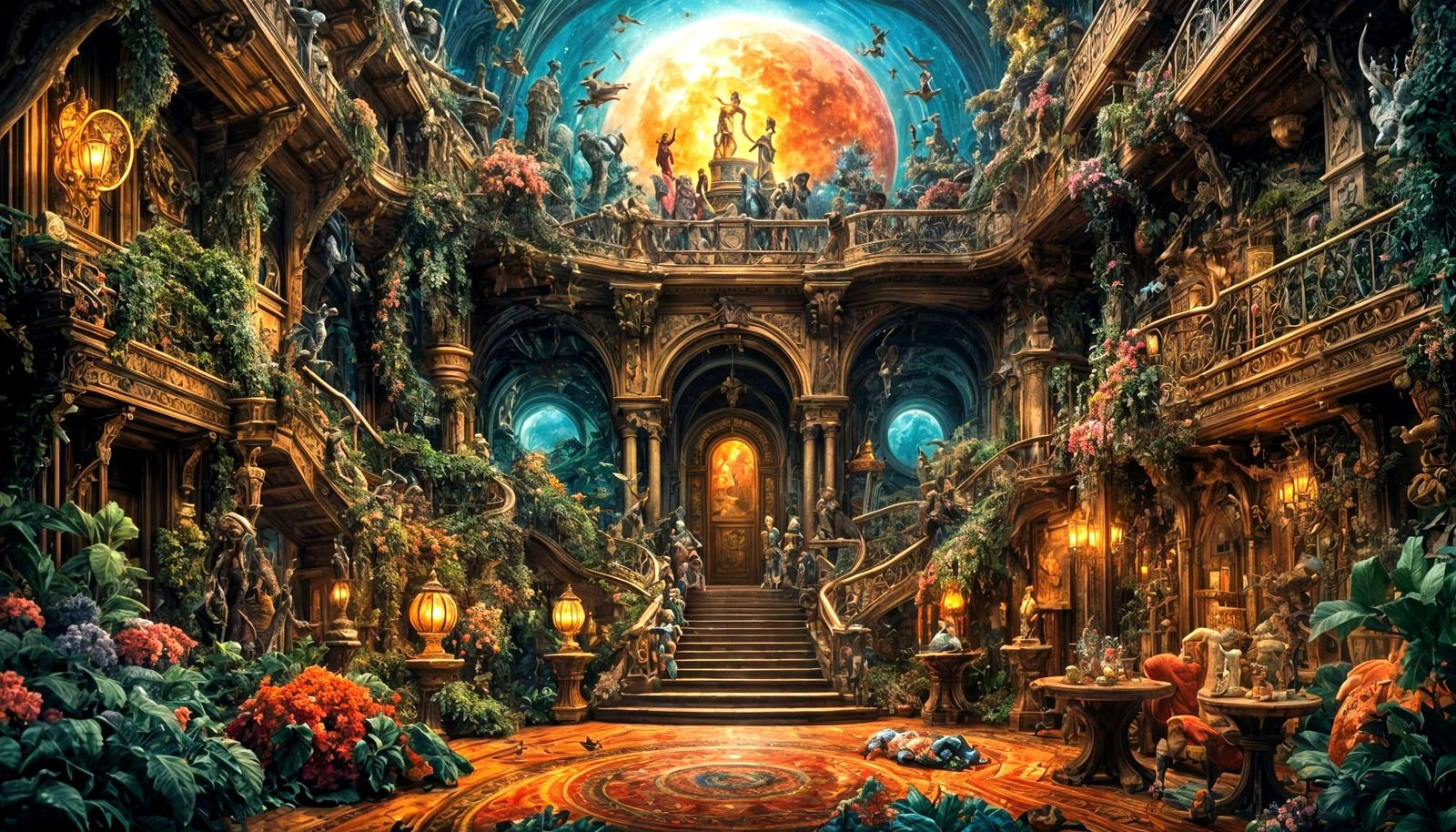 Maximalist Retro-Futuristic Scene in Rich Ink and Watercolor