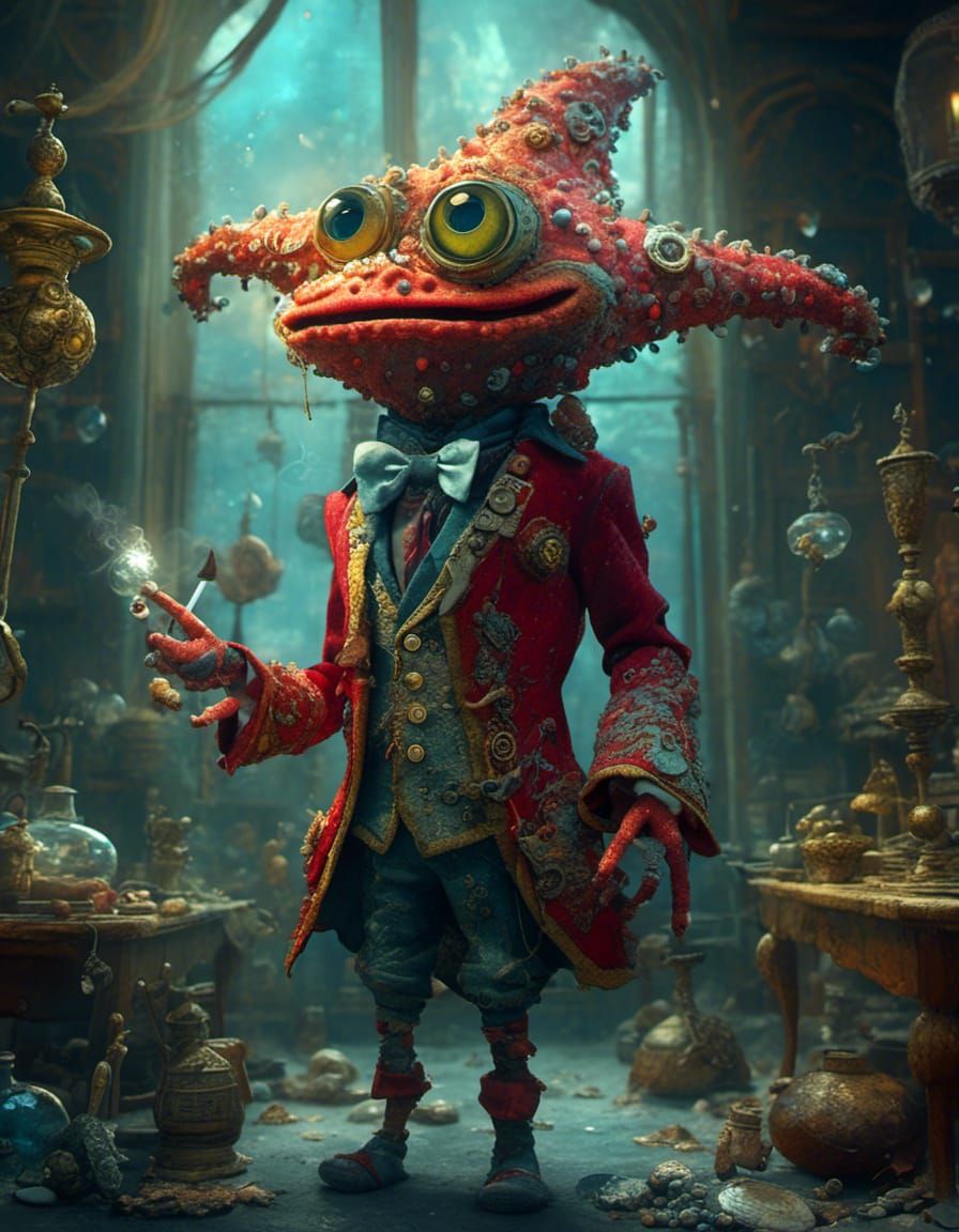 <lora:Lazy Anime:1.0> An anthropomorphic starfish wearing a victorian smoking jacket. He stands in a room full of ocean ...