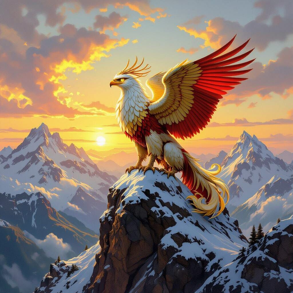 Griffin Perched Atop Mountain in Oil Painting Style