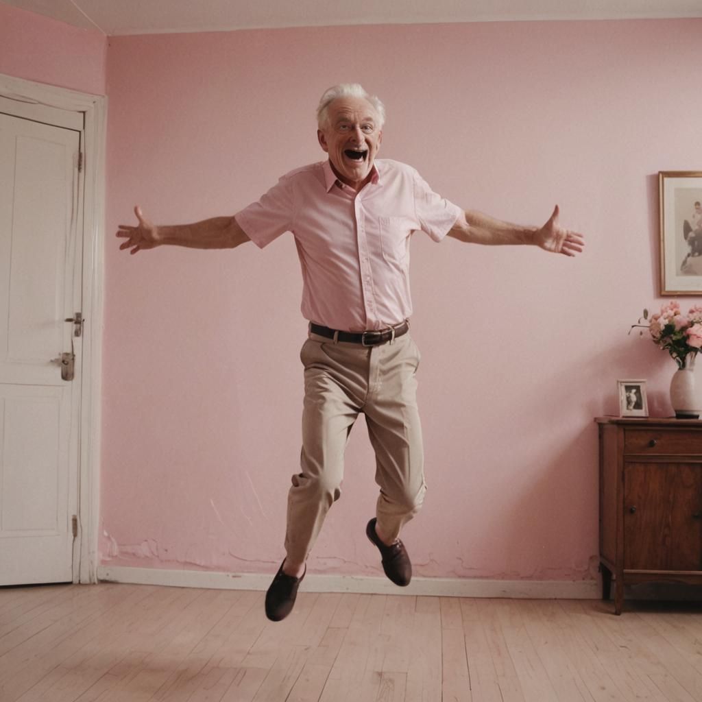happy shirtless Old Man jumping in a room, rotoscope effect with pink undertones