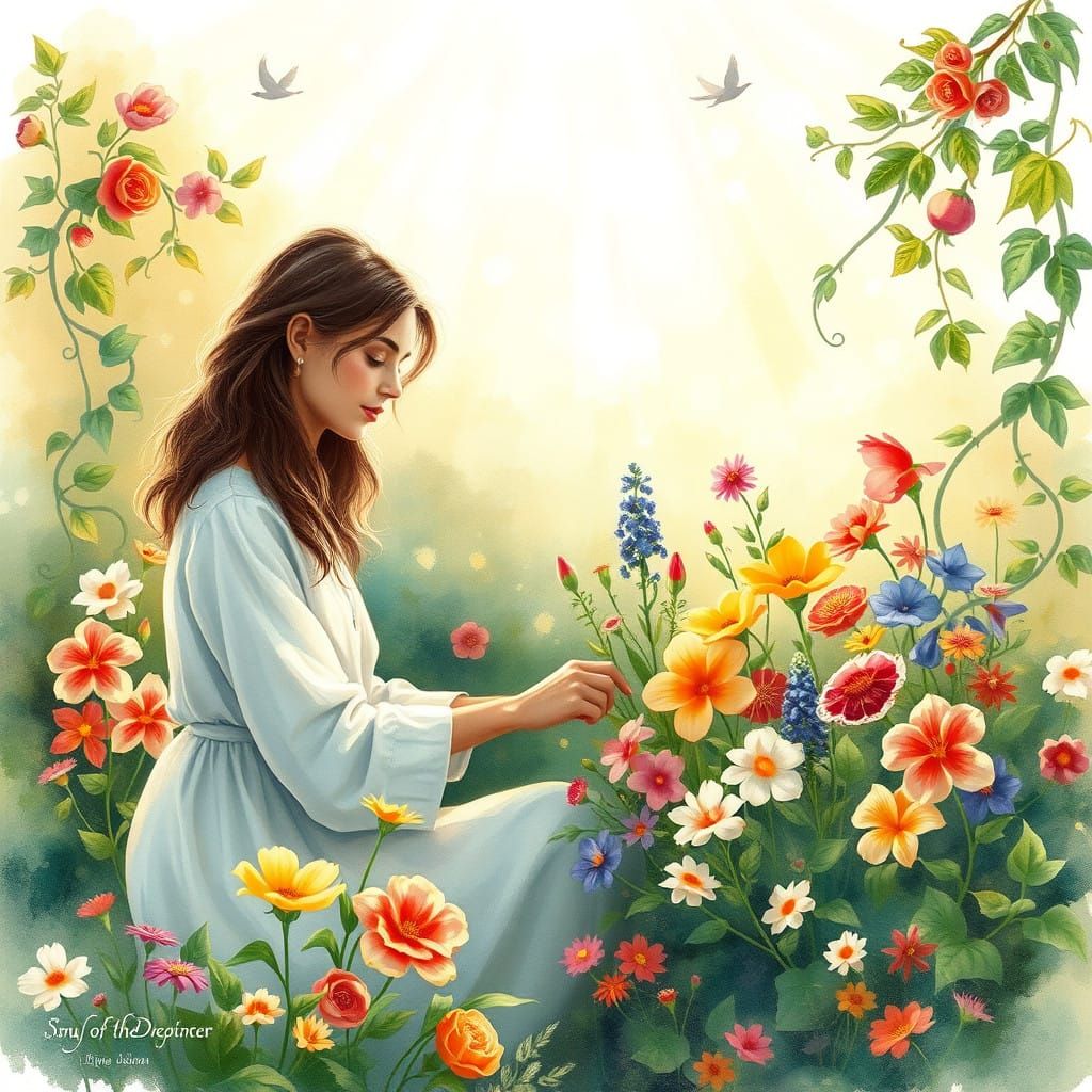 Peaceful Garden Blooms with Fruits of the Spirit in Watercol...