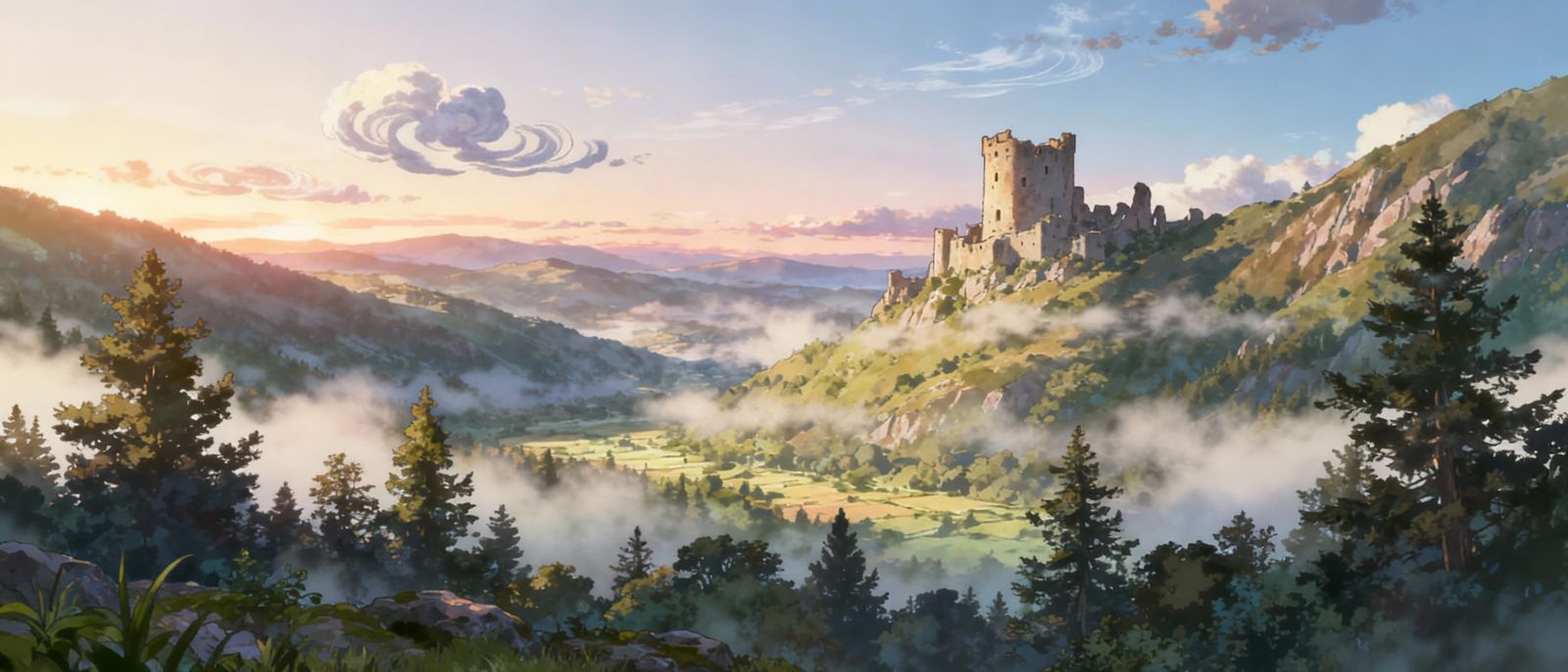 Misty Valley Dawn with Medieval Tower Ruins