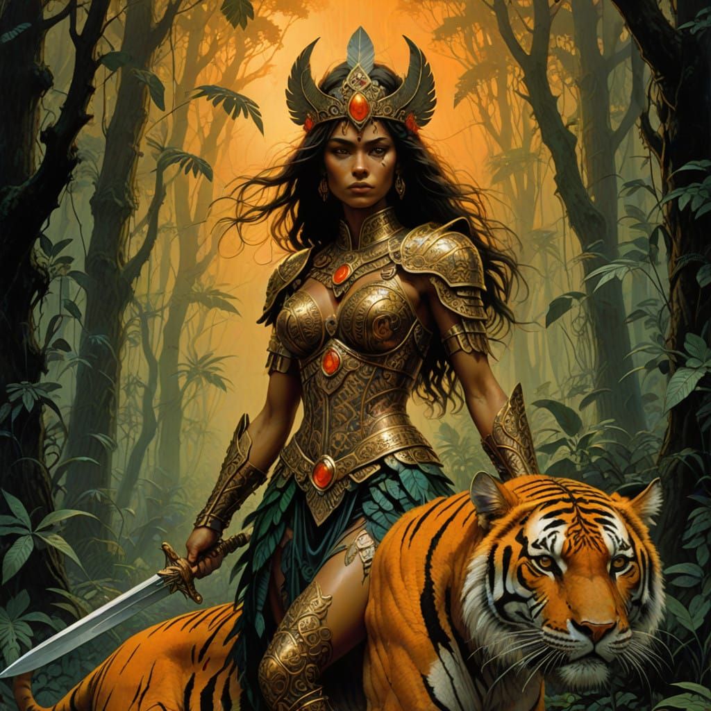 Regal Amazon Warrior Princess Rides Majestic Tiger Through J...