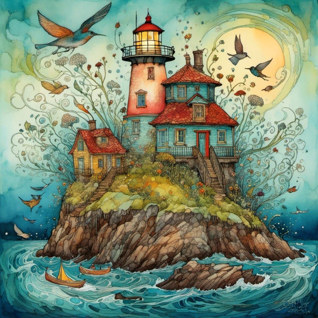 Lighthouse on Island with Cottages in Art Brut Style