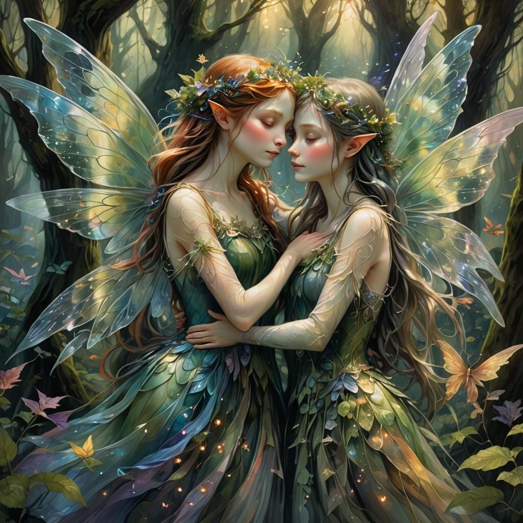 Fairy Sisters Embrace in Lush Forest: Fantasy Art