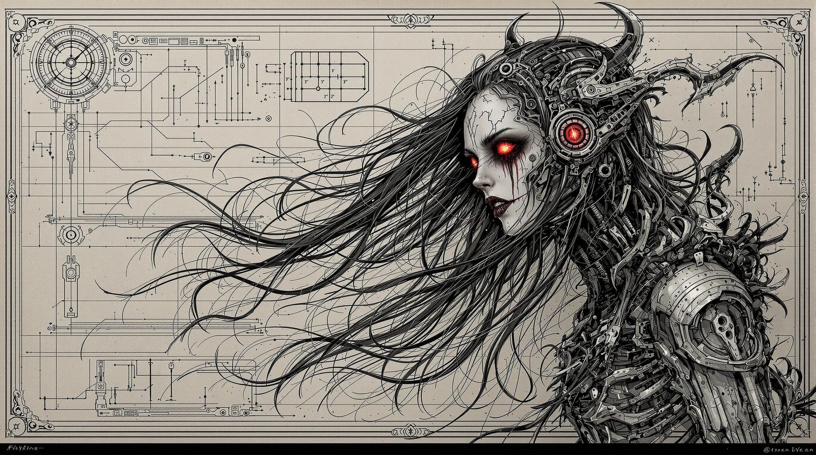 Detailed Mechanical Blueprint of Gothic Banshee