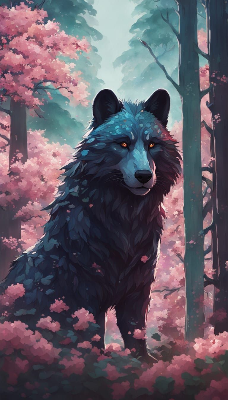 Majestic Half-Wolf Half-Panda in Vibrant Blossoming Woods