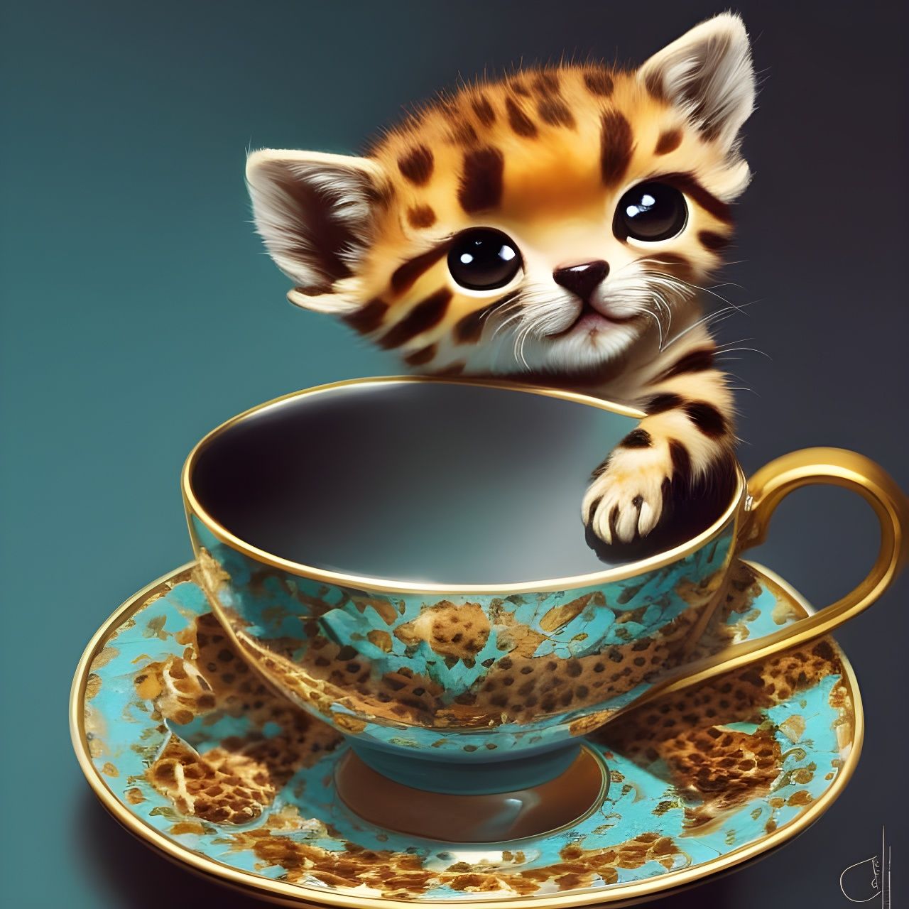 Cute Cheetah Kitten in Teacup: Digital Art