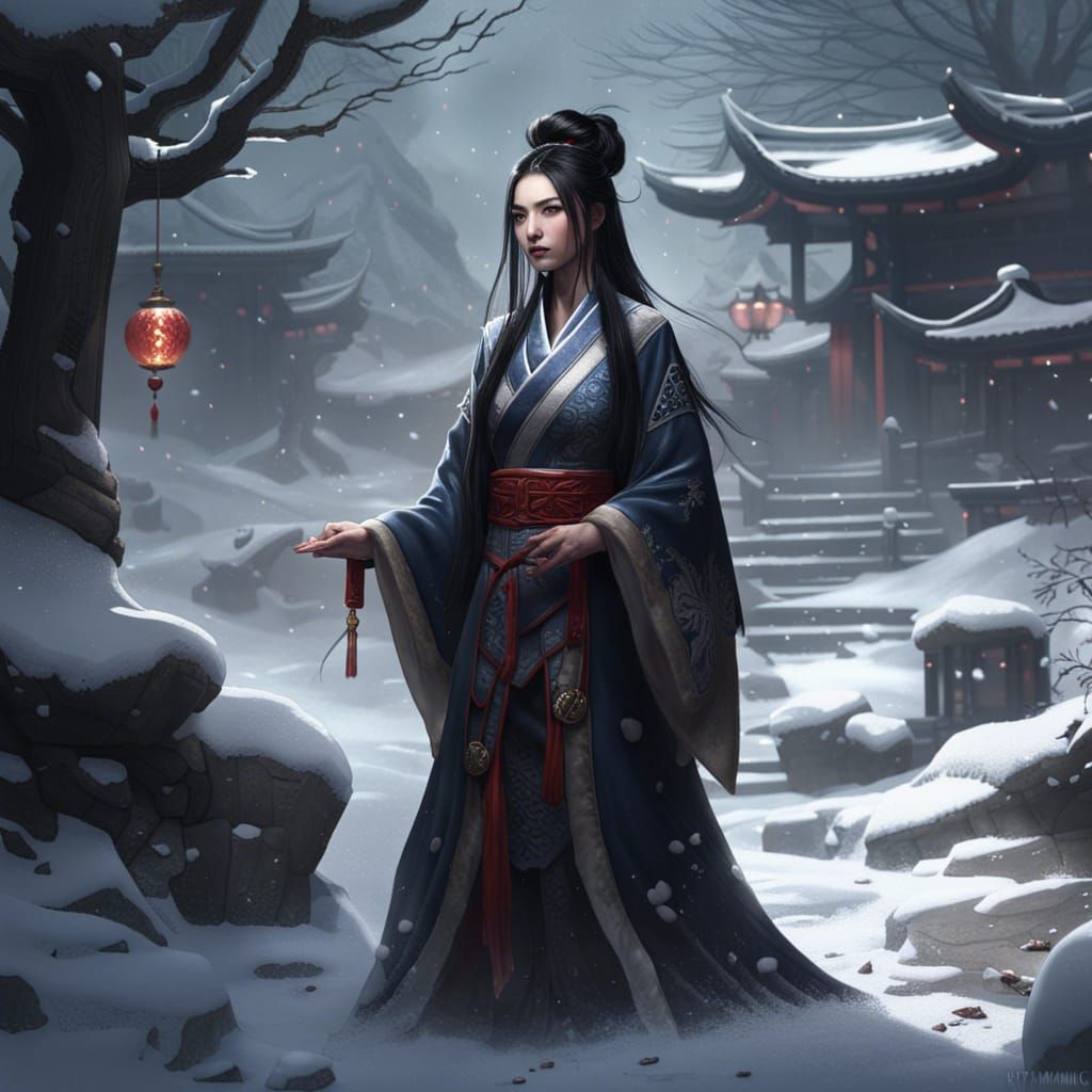 Chinese Woman in Traditional Dress with Plum Blossoms