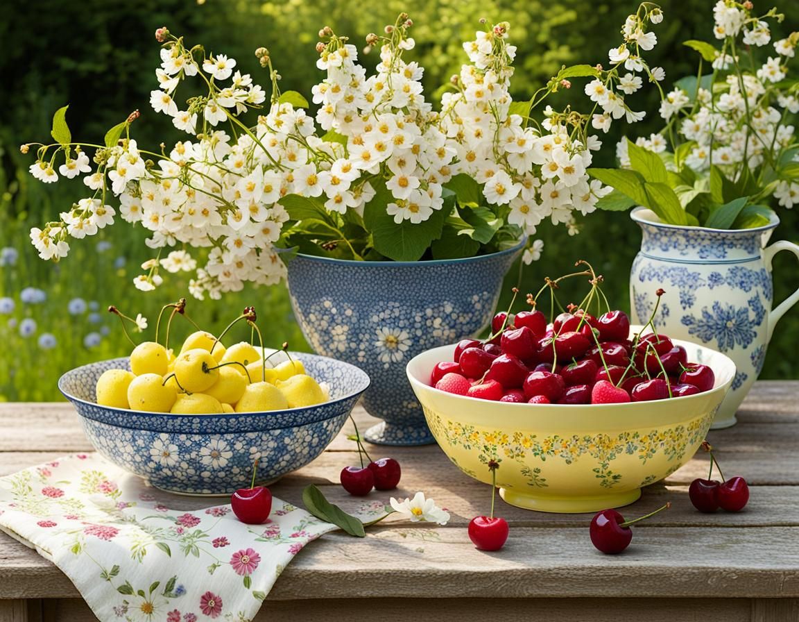 Cherries in Floral Porcelain Amidst Summer Blooms in Garden...